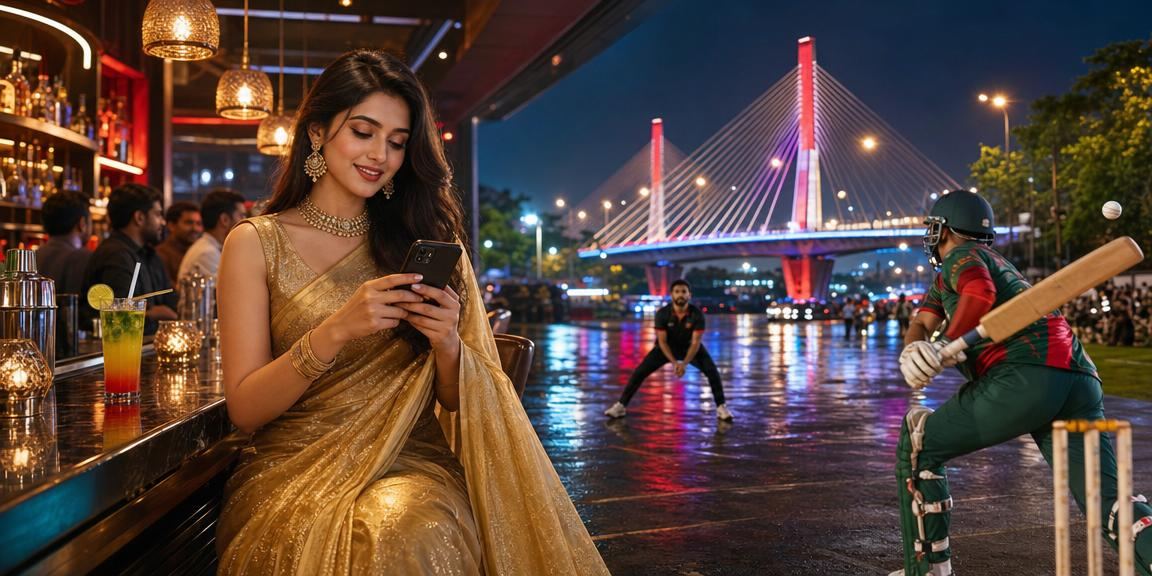 বরিশালে শাড়ি পরিহিত নারীর মোবাইলে অনলাইন গেমিং উপভোগের দৃশ্য